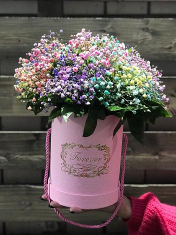 Цветочная композиция из Гипсофила и Розы в шляпной коробке в Гае